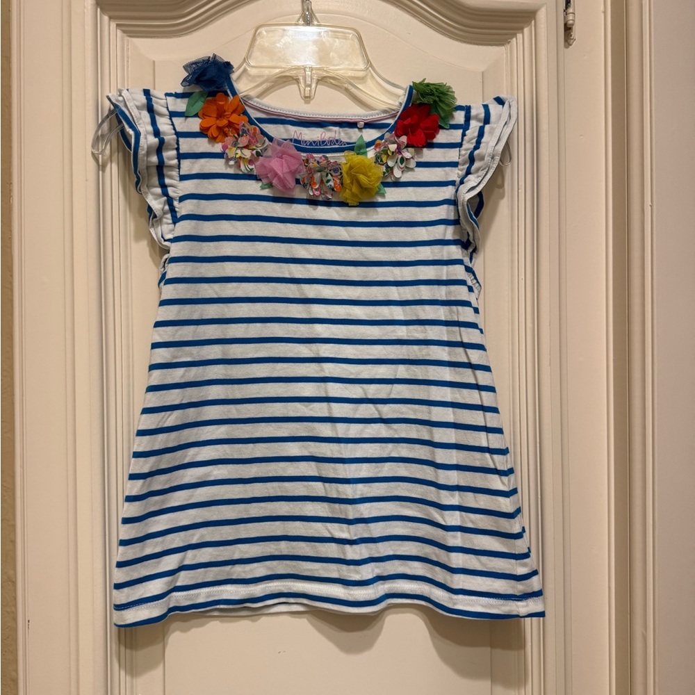 Mini Boden Blue and White Striped Tee with Floral  Appliqué Neckline